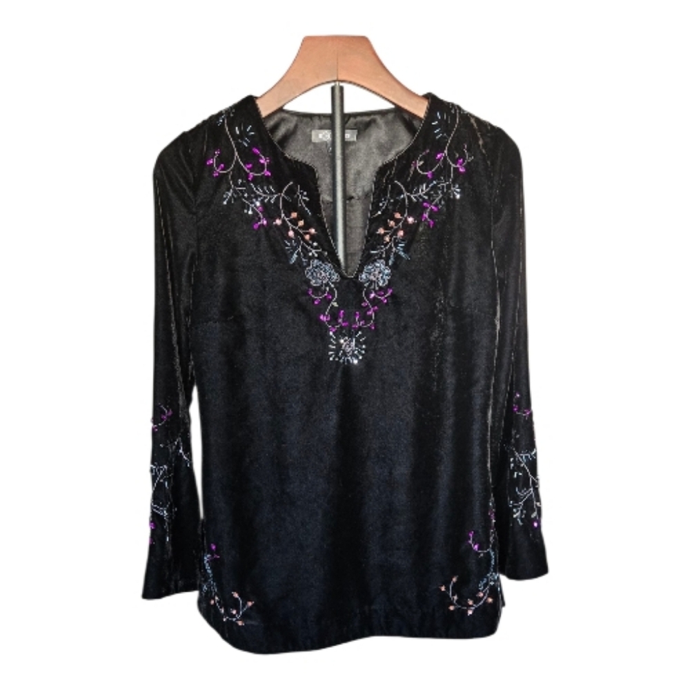Embroidered Black Velvet Women's Top By Go Silk
